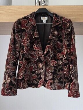 (NWT) Talbotes Velvet Paisley Blazer Burgundy Black Vintage Inspired Jacket